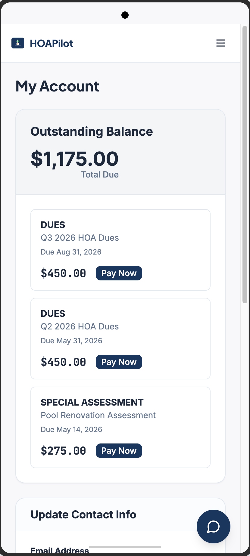 HOAPilot homeowner portal on mobile showing outstanding balance, dues payments, and Pay Now buttons